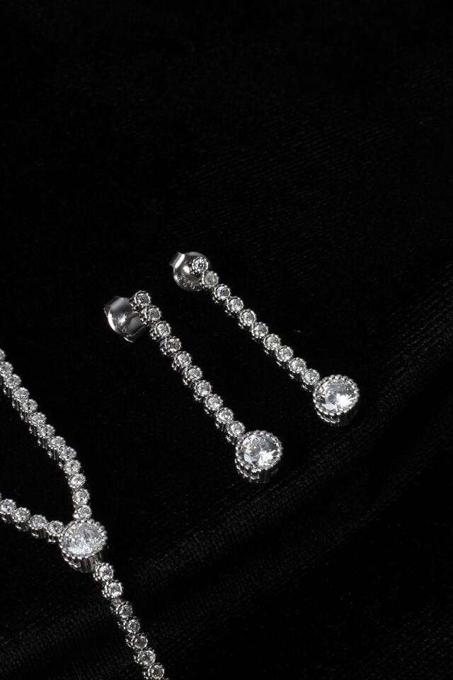 Su Yolu Yuvarlak Kolye Küpe Bileklik Set 925 Ayar Zirkon Taşlı Beyaz Silver Abiye Düğün Nişan Kına