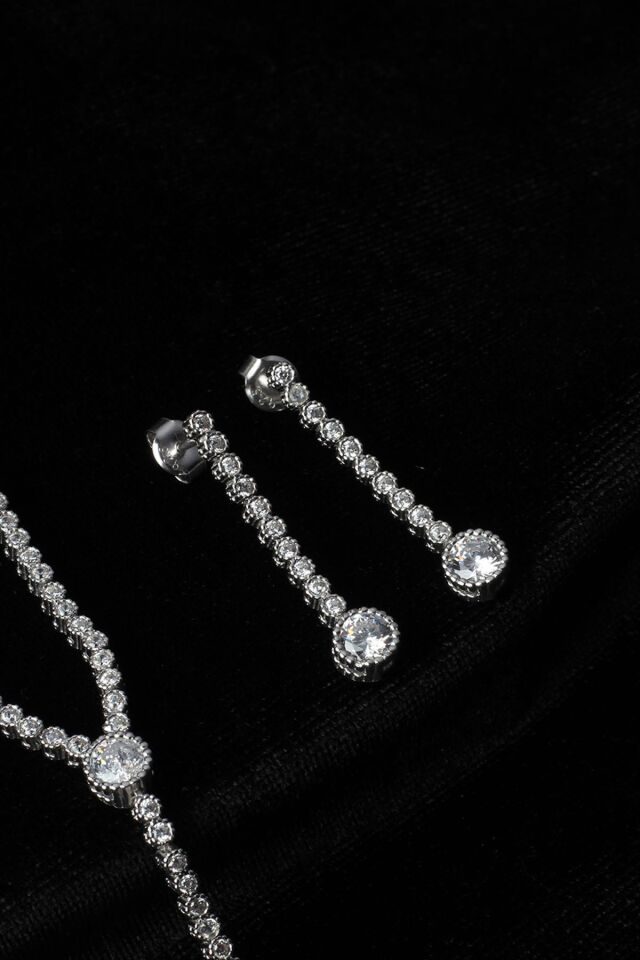 Su Yolu Yuvarlak Kolye Küpe Bileklik Set 925 Ayar Zirkon Taşlı Beyaz Silver Abiye Düğün Nişan Kına