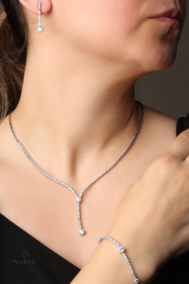 Su Yolu Yuvarlak Kolye Küpe Bileklik Set 925 Ayar Zirkon Taşlı Beyaz Silver Abiye Düğün Nişan Kına