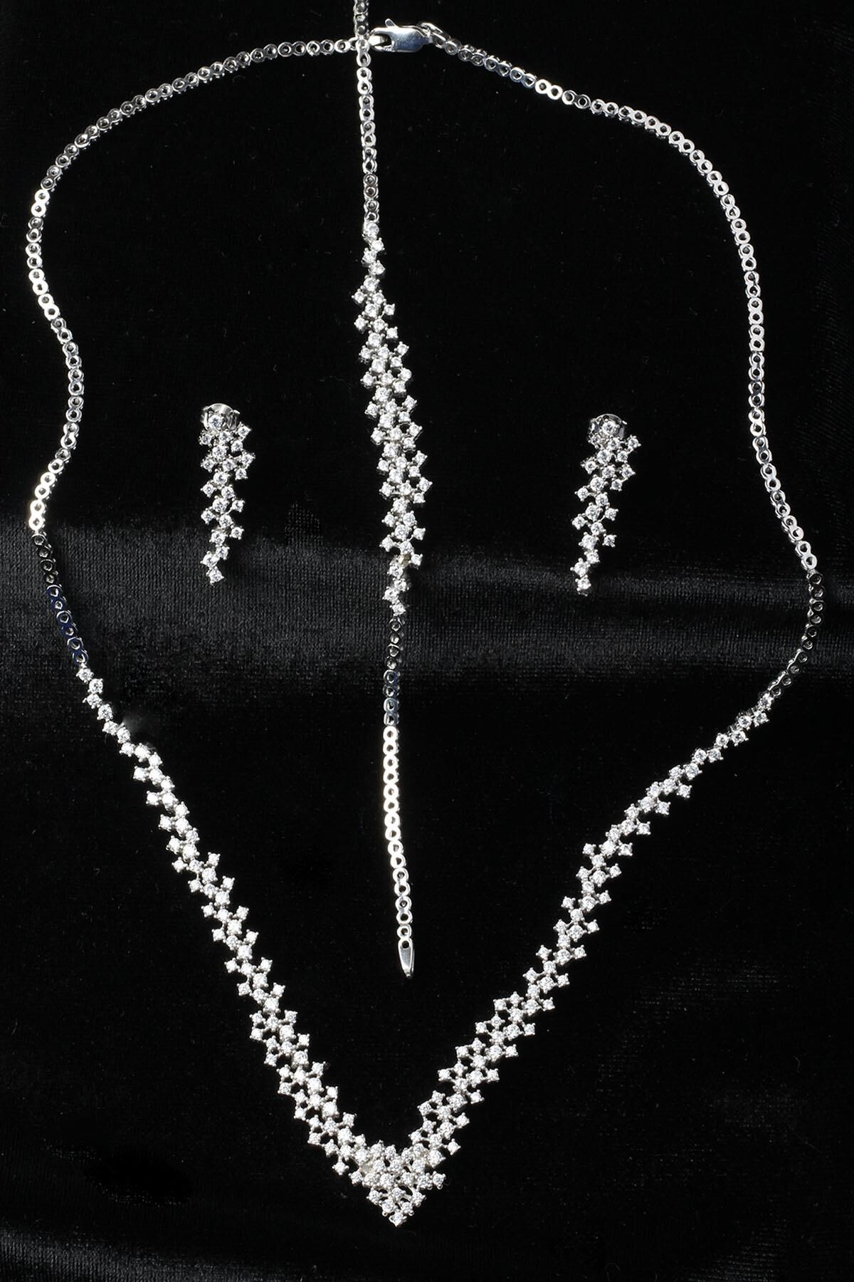 Su Yolu Yuvarlak Kolye Küpe Bileklik Set 925 Ayar Zirkon Taşlı Beyaz Silver Abiye Düğün Nişan Kına ST-0003