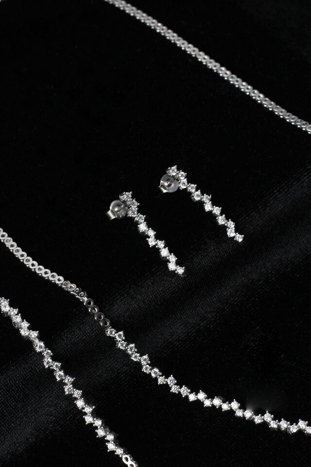 Su Yolu Yuvarlak Kolye Küpe Bileklik Set 925 Ayar Zirkon Taşlı Beyaz Silver Abiye Düğün Nişan Kına ST-0002