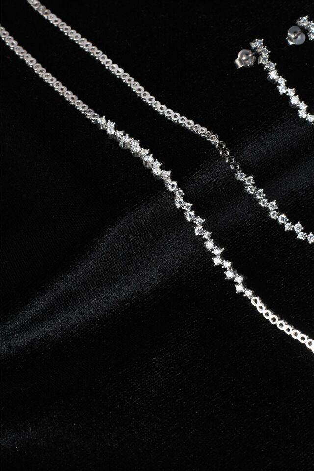 Su Yolu Yuvarlak Kolye Küpe Bileklik Set 925 Ayar Zirkon Taşlı Beyaz Silver Abiye Düğün Nişan Kına ST-0002
