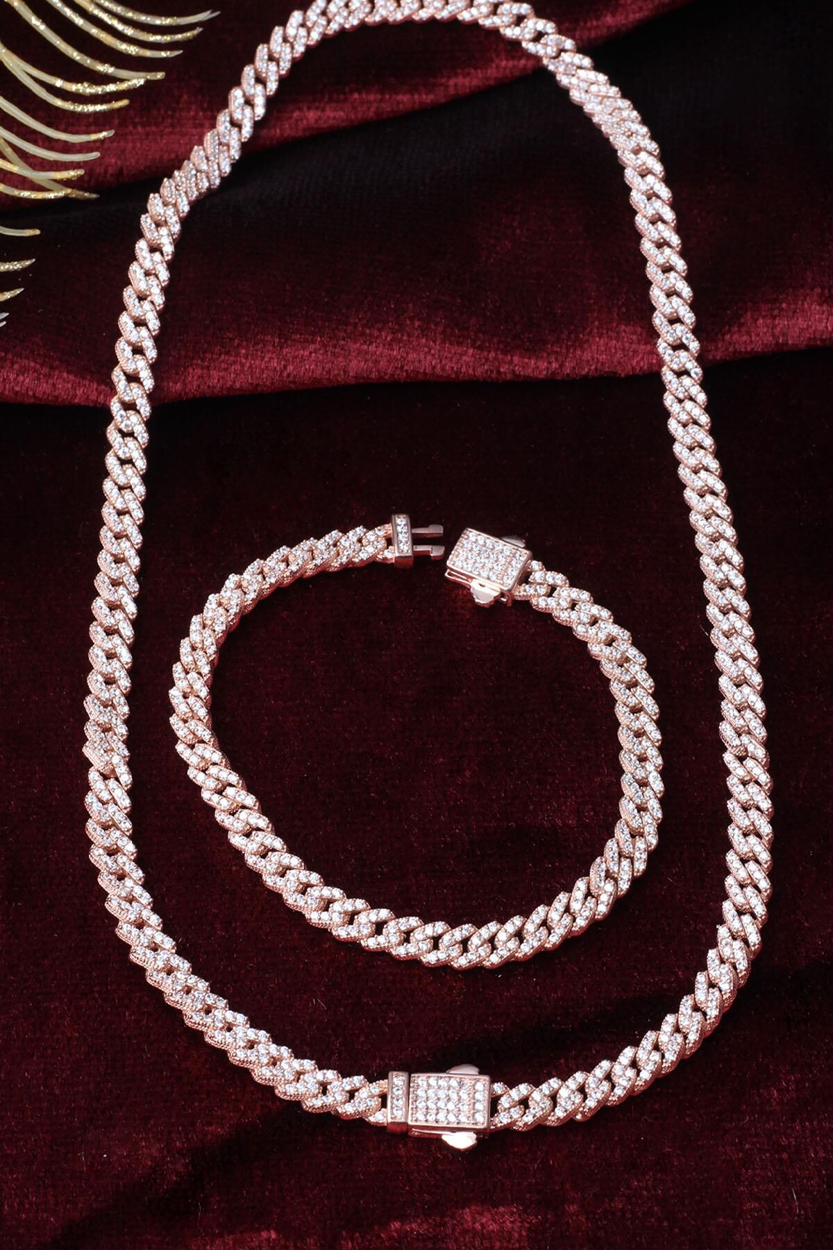Kalın Zincir Kolye Bileklik Set 925 Ayar Gümüş Zirkon Taş Rose Zincir Set