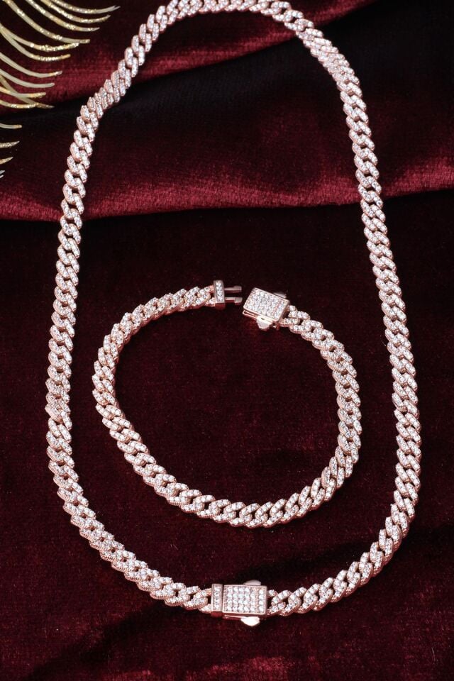 Kalın Zincir Kolye Bileklik Set 925 Ayar Gümüş Zirkon Taş Rose Zincir Set