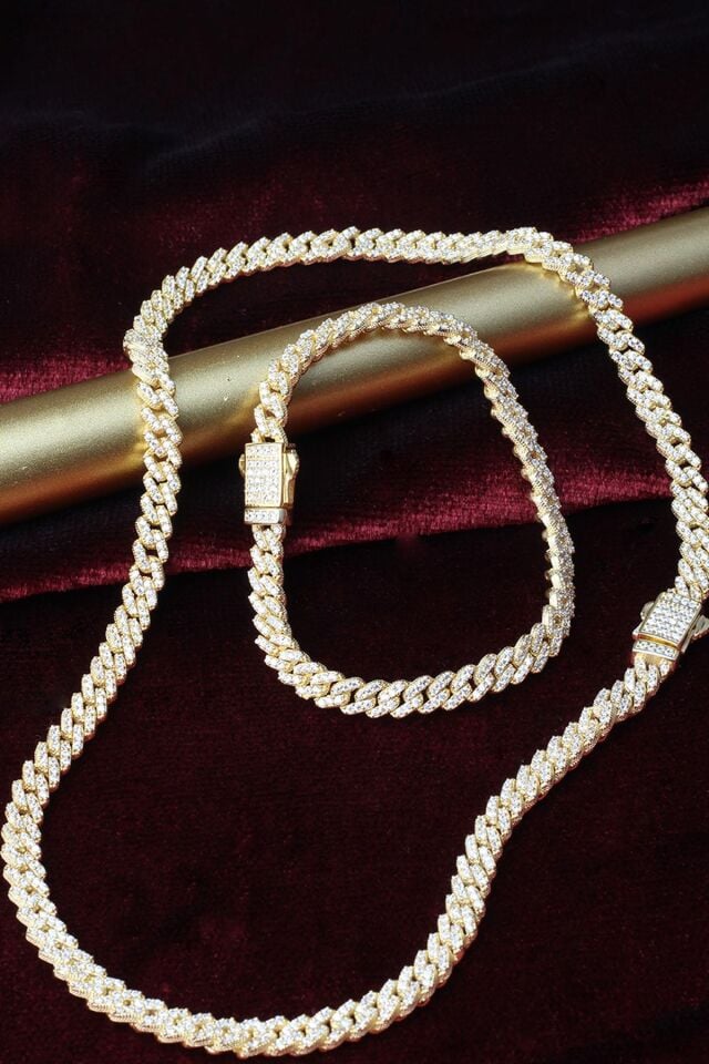 Kalın Zincir Kolye Bileklik Set 925 Ayar Gümüş Zirkon Taş Rose Zincir Set