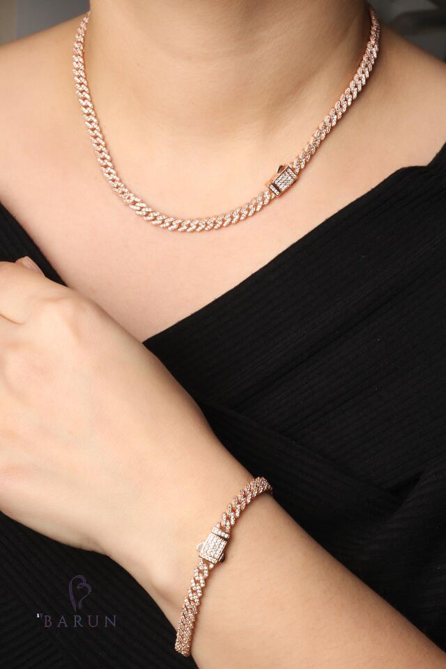 Kalın Zincir Kolye Bileklik Set 925 Ayar Gümüş Zirkon Taş Rose Zincir Set