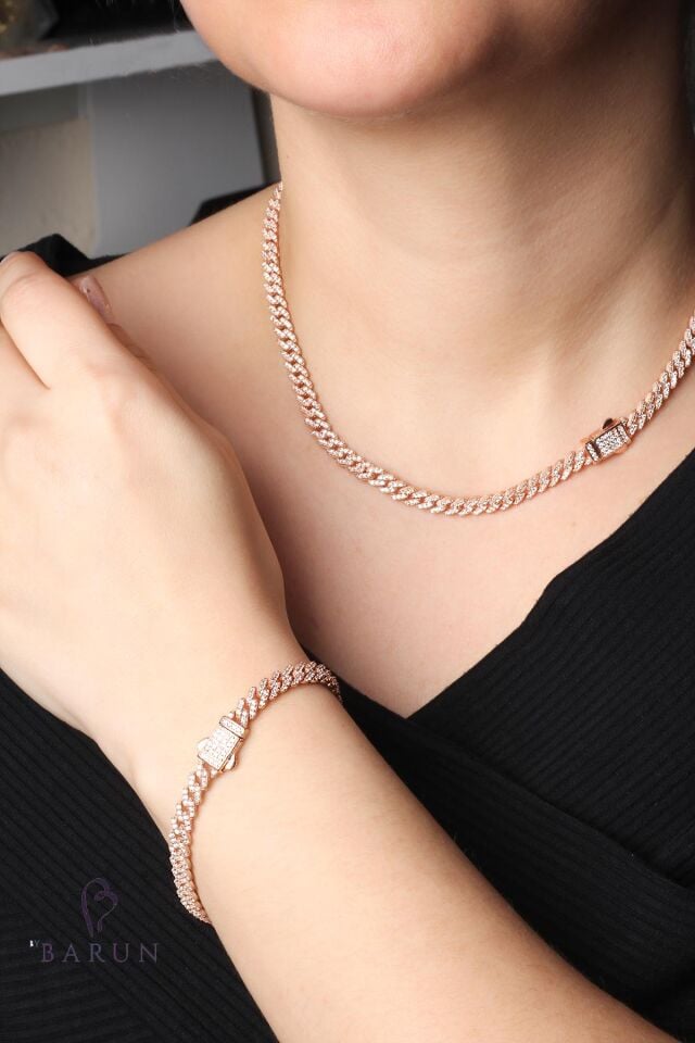 Kalın Zincir Kolye Bileklik Set 925 Ayar Gümüş Zirkon Taş Rose Zincir Set