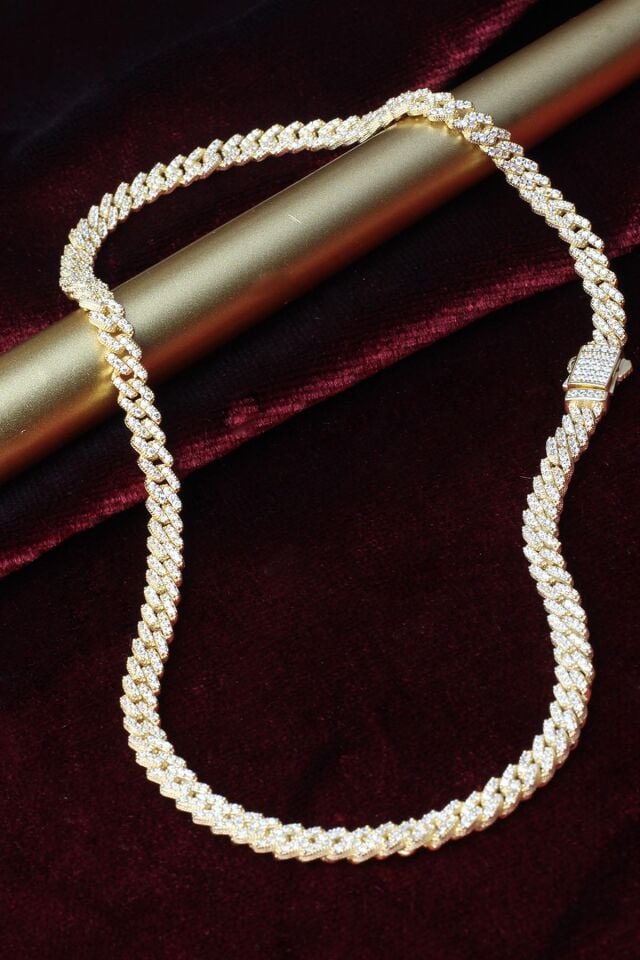 Kalın Zincir Kolye 925 Ayar Gümüş Zirkon Taş Rose Kolye