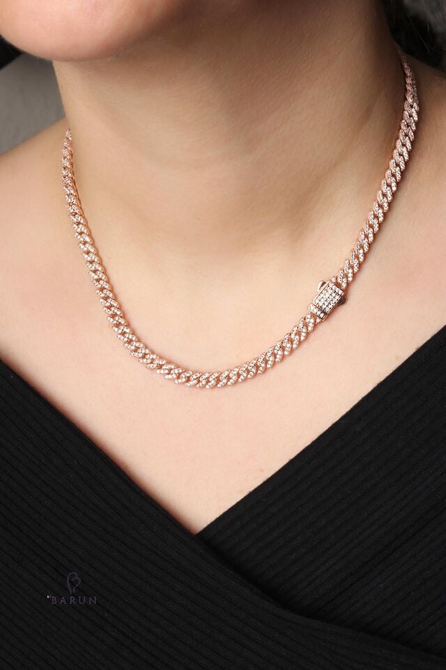 Kalın Zincir Kolye 925 Ayar Gümüş Zirkon Taş Rose Kolye