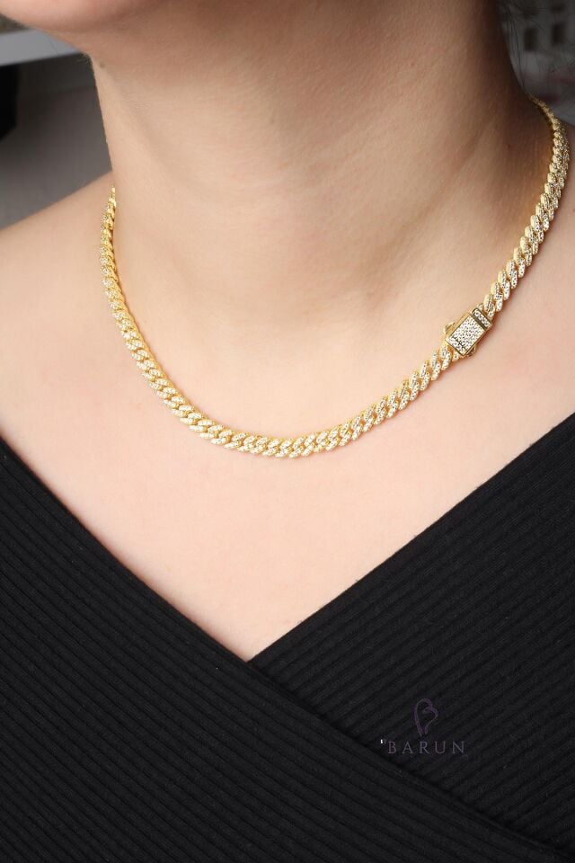 Kalın Zincir Kolye 925 Ayar Gümüş Zirkon Taş Rose Kolye