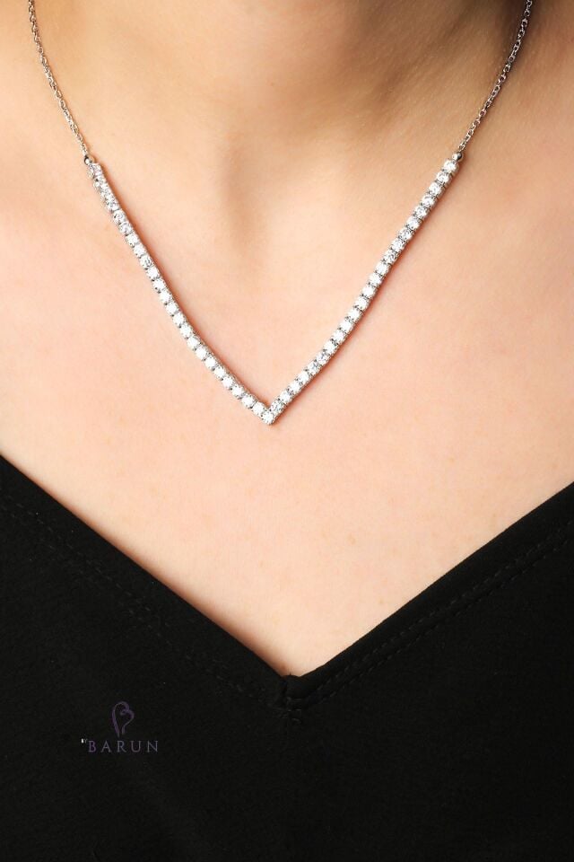 Su Yolu Kolye Yuvarlak Zirkon Taşlı Zincir Beyaz 925 Ayar Gümüş Kolye