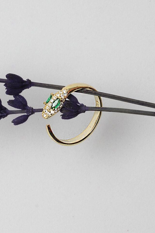 Ayarlanabilir Yılan Model Yüzük Zirkon Taşlı Zümrüt Yeşil  Rengi 925 Ayar Gümüş Yüzük