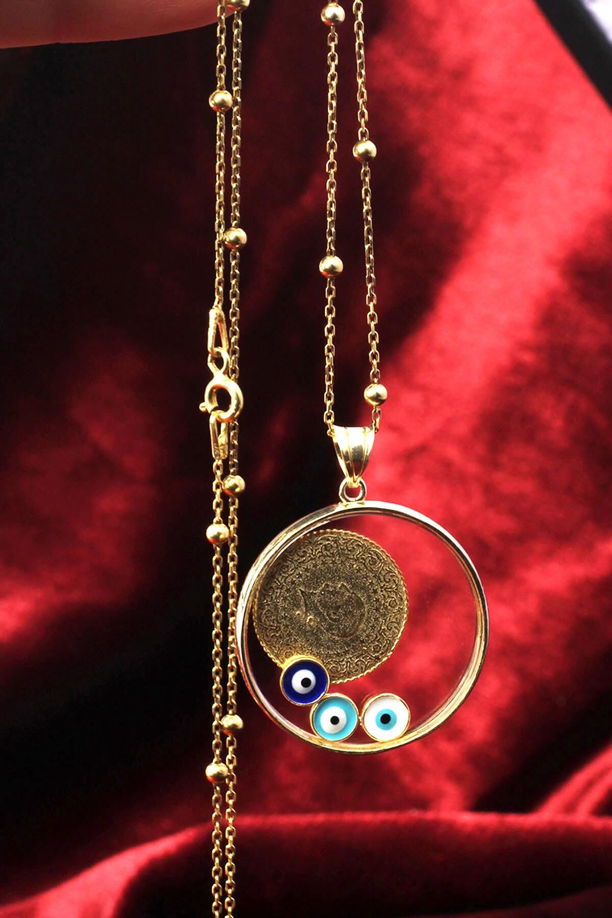 Çeyrek Model Sarı Gold Kolye Mavi Göz Mineli 925 Ayar Gümüş Kolye