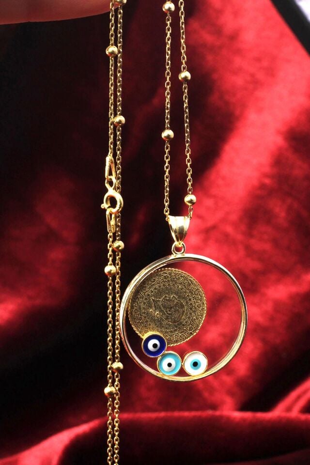 Çeyrek Model Sarı Gold Kolye Mavi Göz Mineli 925 Ayar Gümüş Kolye