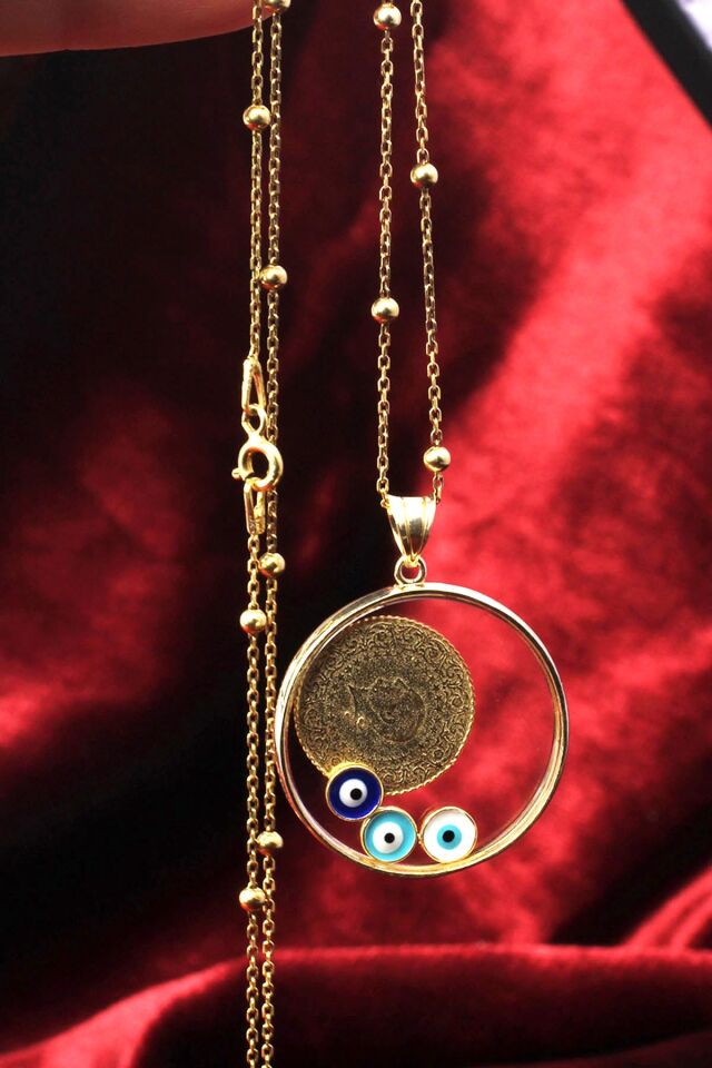 Çeyrek Model Sarı Gold Kolye Mavi Göz Mineli 925 Ayar Gümüş Kolye