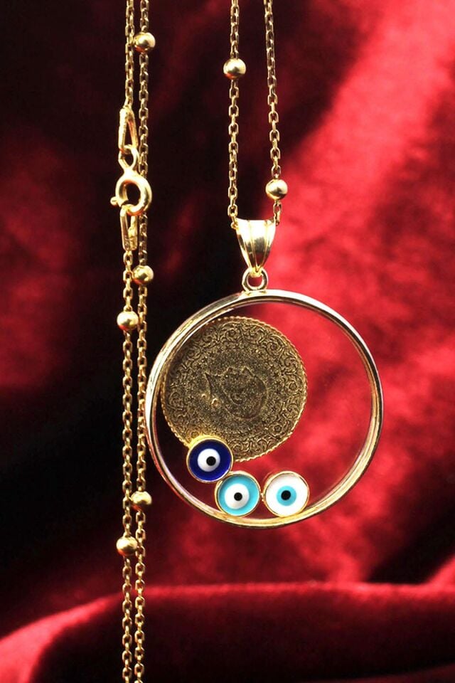 Çeyrek Model Sarı Gold Kolye Mavi Göz Mineli 925 Ayar Gümüş Kolye