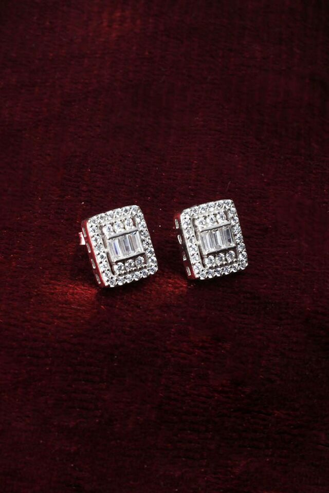 Baget Küpe Kare Zirkon Taşlı 925 Ayar Gümüş Küpe