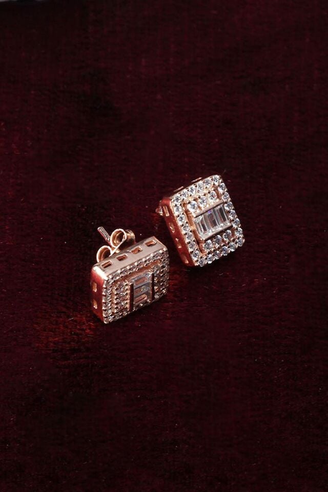 Baget Küpe Kare Zirkon Taşlı 925 Ayar Gümüş Küpe