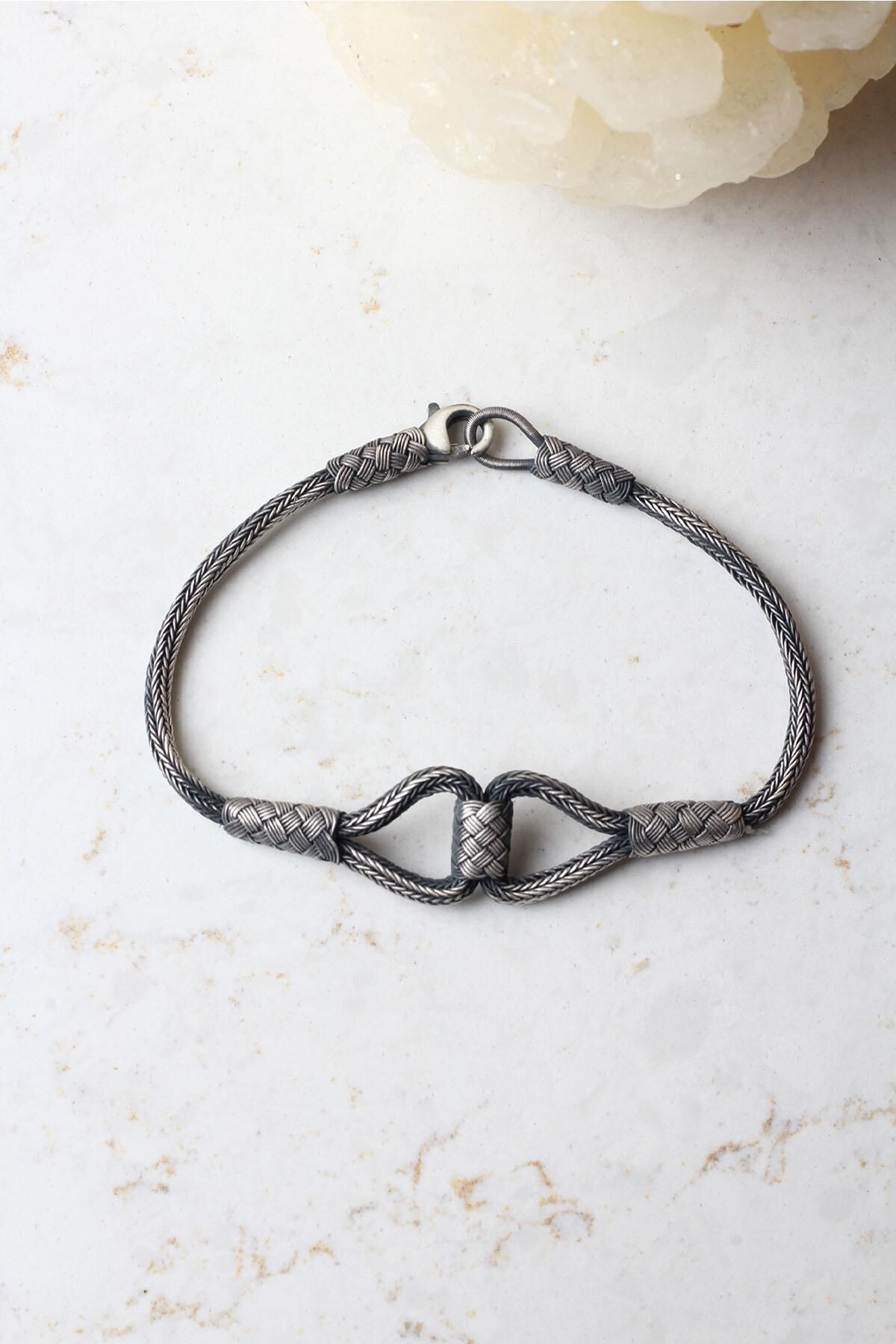 Kazaziye Bileklik Hasır El Örgü Yuvarlak Gümüş Zincir 925 Ayar Gümüş