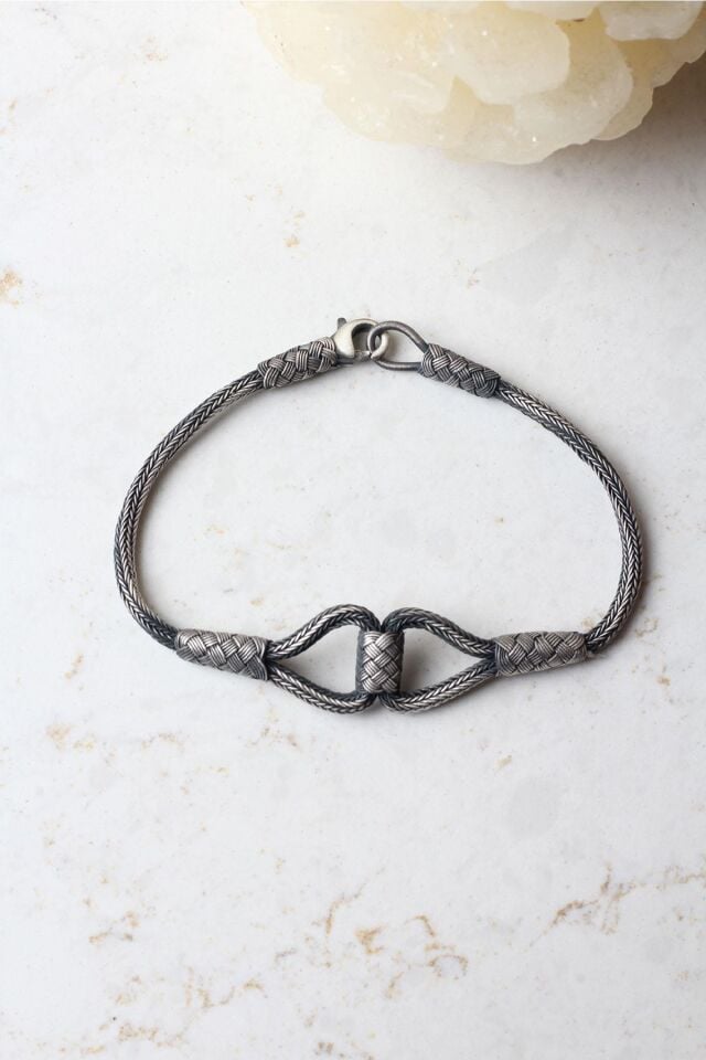 Kazaziye Bileklik Hasır El Örgü Yuvarlak Gümüş Zincir 925 Ayar Gümüş