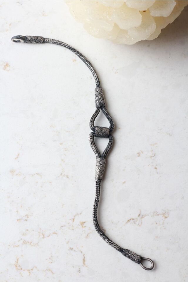 Kazaziye Bileklik Hasır El Örgü Yuvarlak Gümüş Zincir 925 Ayar Gümüş