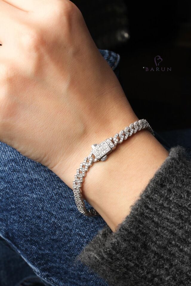 Zincir Bileklik Kalın Zirkon Taşlı 925 Ayar Gümüş Bileklik
