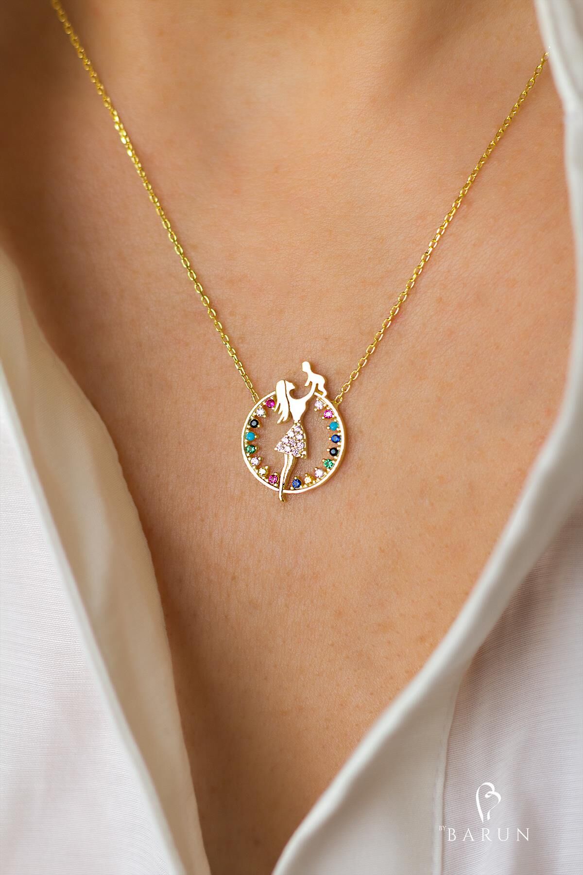 Anne Bebek Kolye 925 Ayar Gümüş Rose Renkli Zirkon Taşlı Kolye