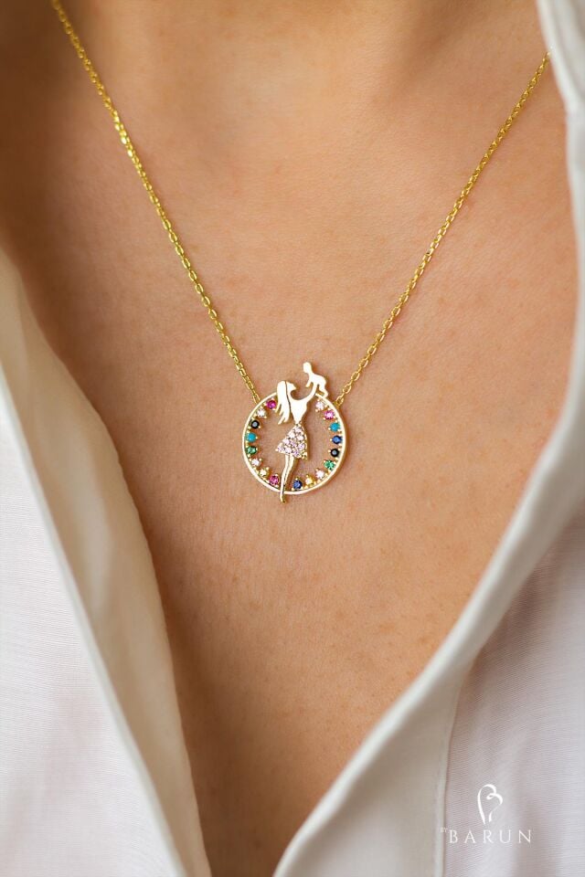 Anne Bebek Kolye 925 Ayar Gümüş Rose Renkli Zirkon Taşlı Kolye