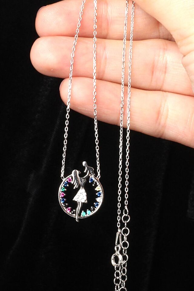 Anne Bebek Kolye 925 Ayar Gümüş Rose Renkli Zirkon Taşlı Kolye