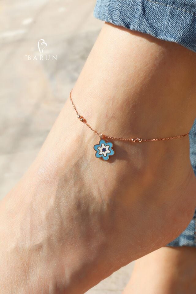 Halhal Kadın Rose 925 Ayar Gümüş Çicek Mavi Mineli Halhal