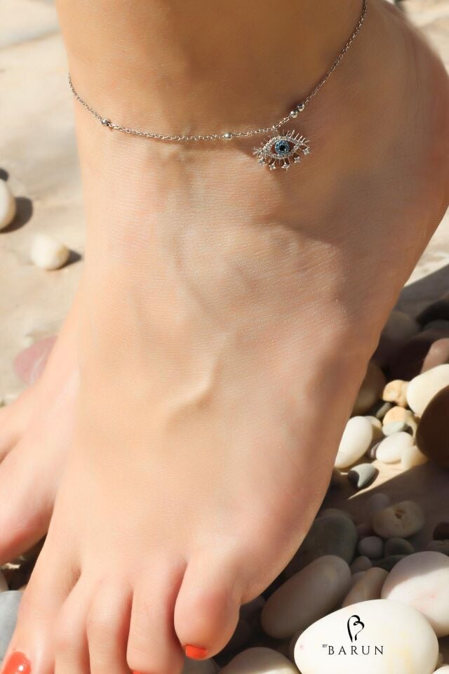 Halhal Kadın Mavi Göz Nazar Boncuklu 925 Ayar Gümüş Halhal