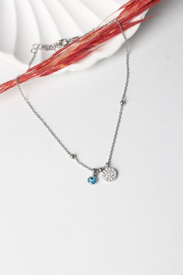 Halhal Kadın Zirkon Taşlı Yuvarlak Nazar Boncuklu 925 Ayar Gümüş Halhal