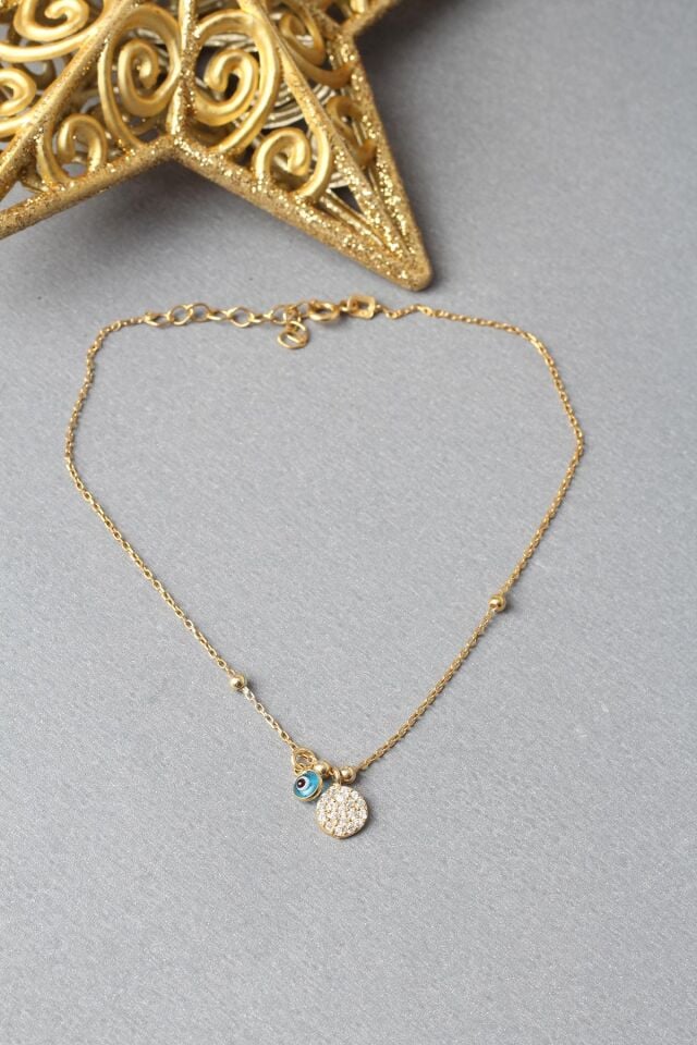 Halhal Kadın Zirkon Taşlı Yuvarlak Nazar Boncuklu 925 Ayar Gümüş Halhal