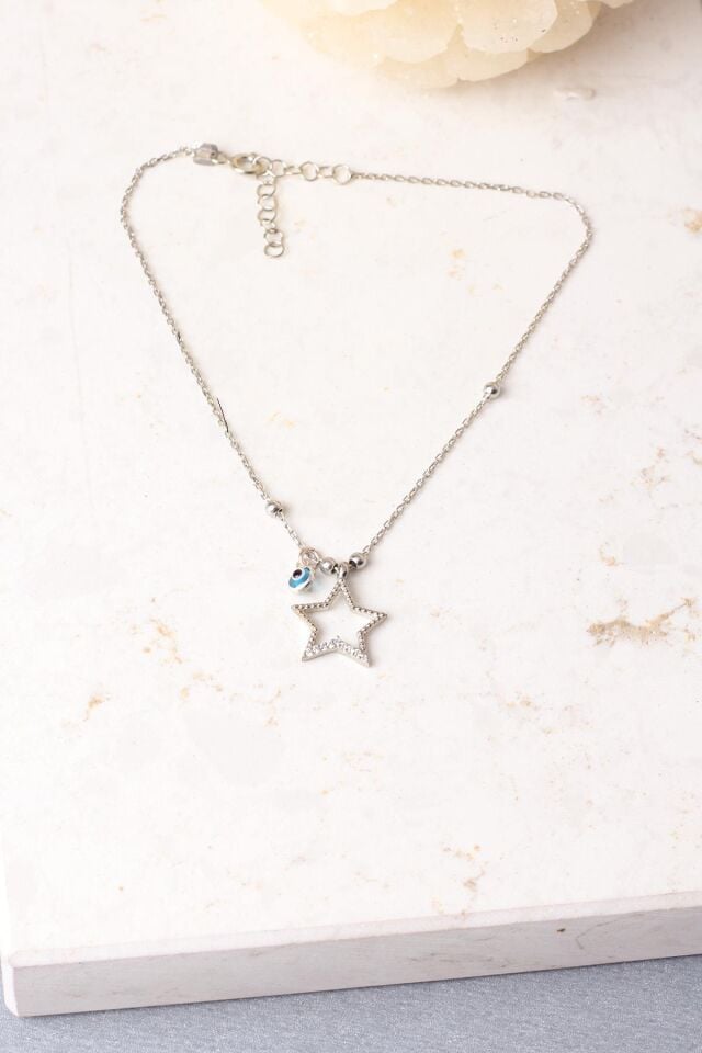 Halhal Kadın Yıldız Nazar Boncuklu Silver 925 Ayar Gümüş Halhal
