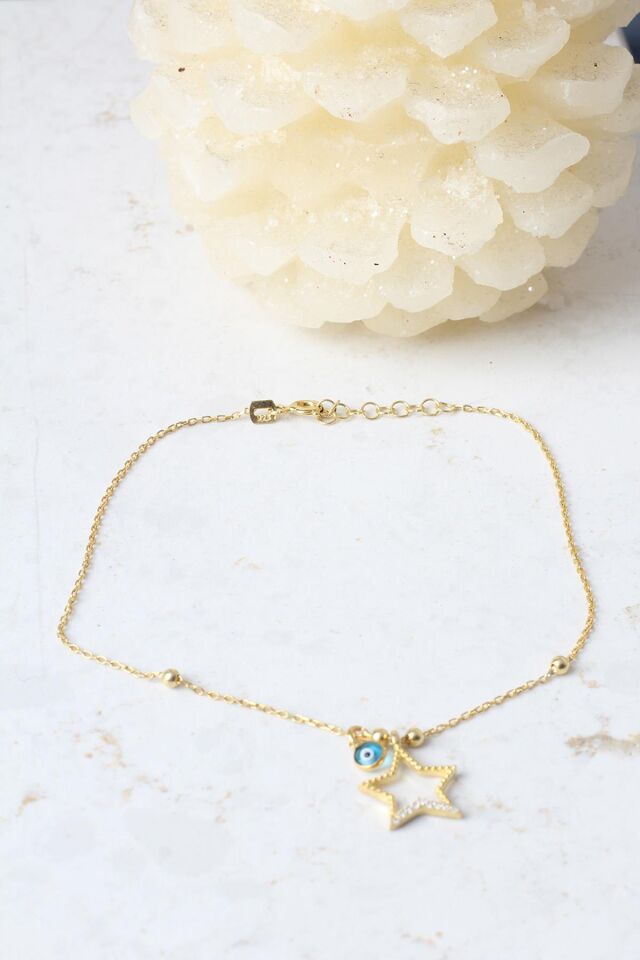 Halhal Kadın Yıldız Nazar Boncuklu Silver 925 Ayar Gümüş Halhal