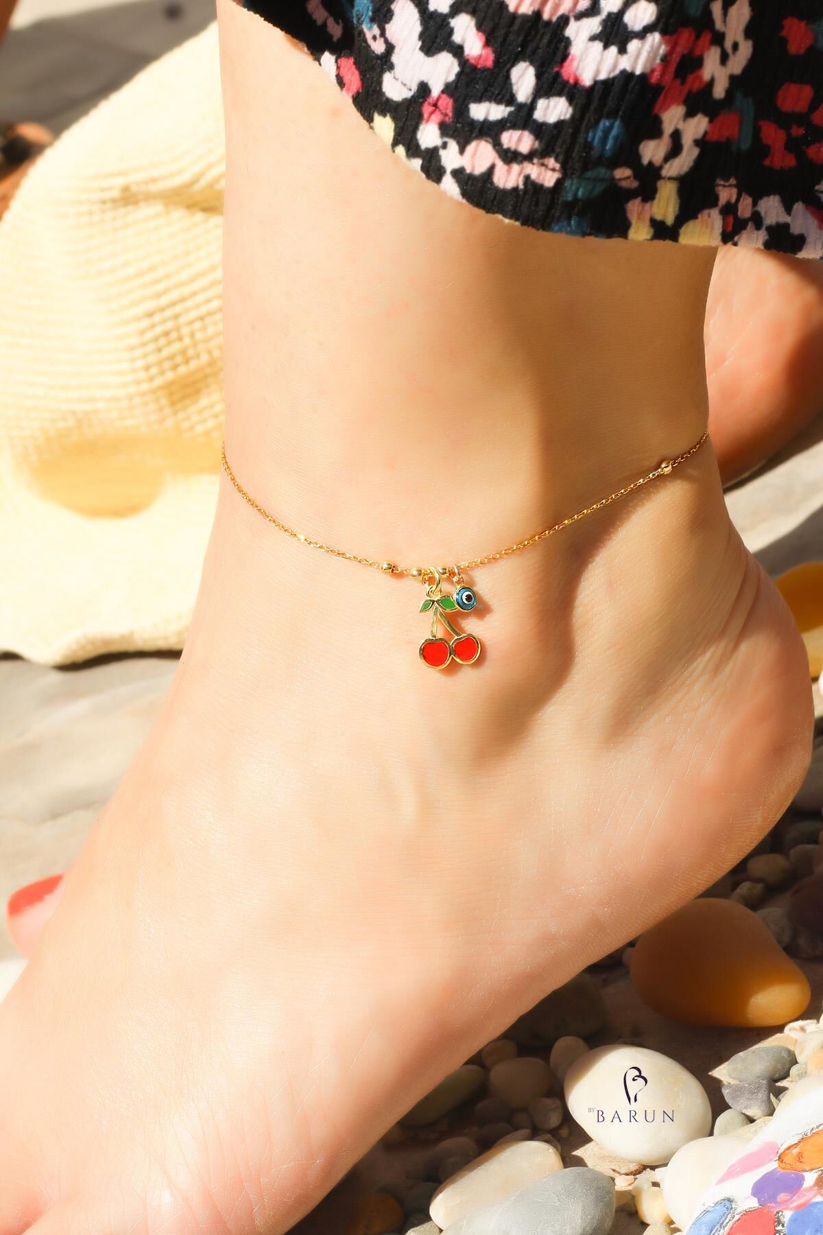 Halhal Kadın Kiraz Gold 925 Ayar Gümüş Nazar Boncuklu  Kırmızı Halhal