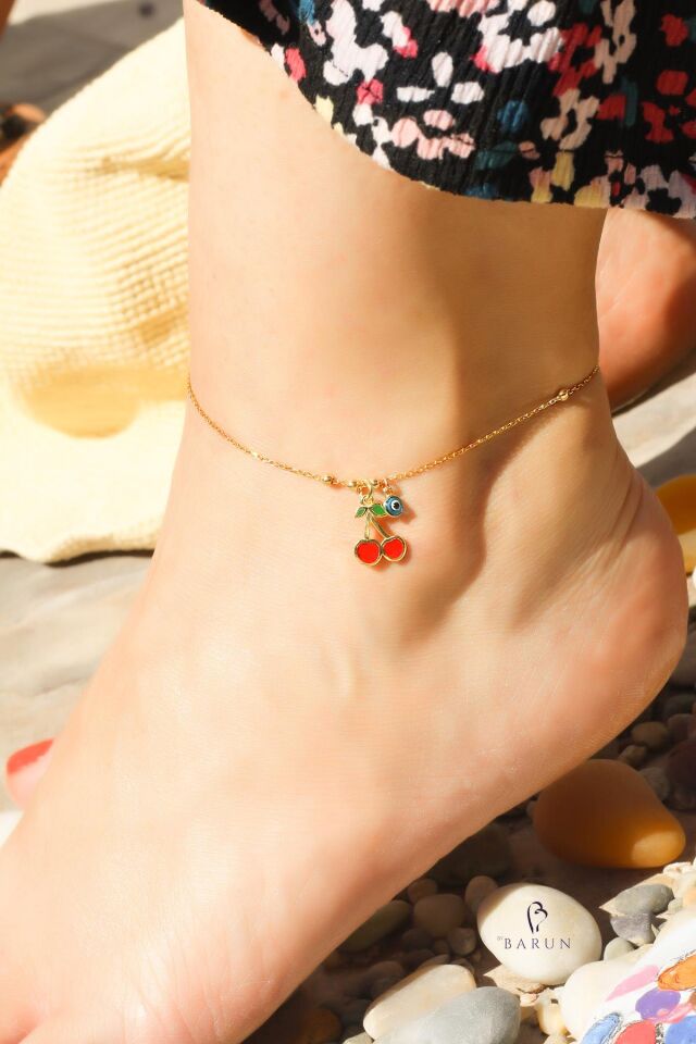 Halhal Kadın Kiraz Gold 925 Ayar Gümüş Nazar Boncuklu  Kırmızı Halhal