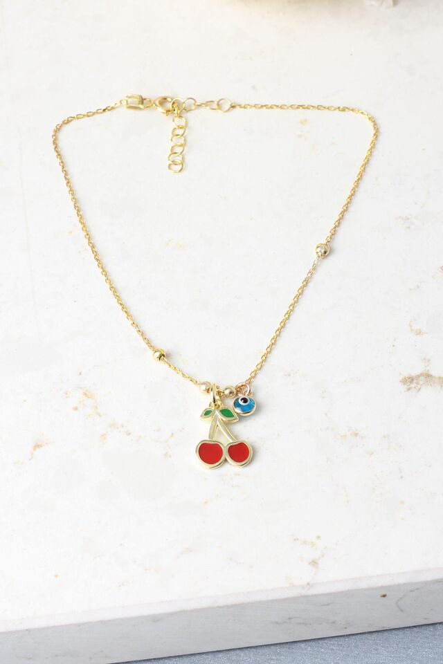 Halhal Kadın Kiraz Gold 925 Ayar Gümüş Nazar Boncuklu  Kırmızı Halhal