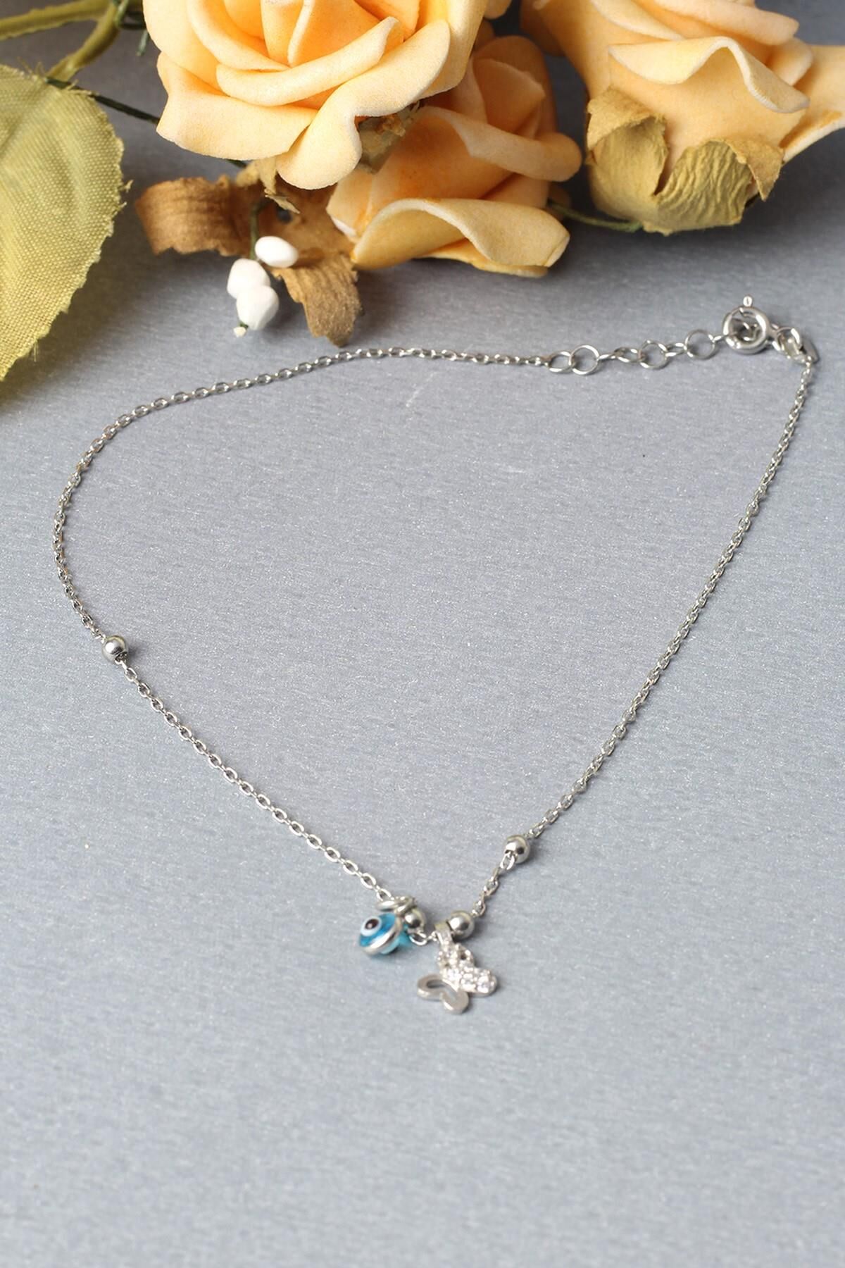 Halhal Kadın Kelebek Nazar Boncuklu 925 Ayar Gümüş Halhal