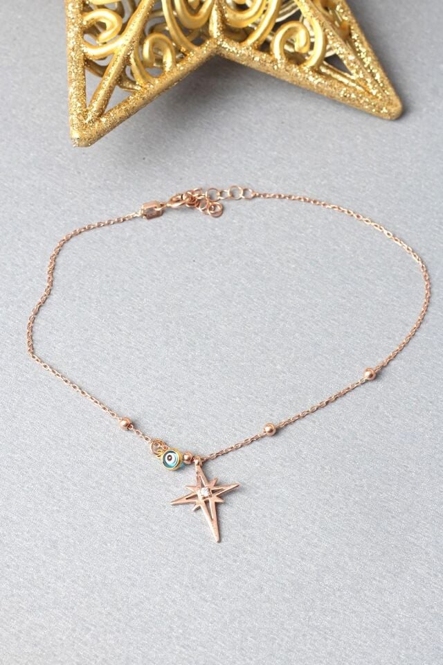 Halhal Kadın Kutup Yıldız Nazar Boncuklu 925 Ayar Gümüş Halhal