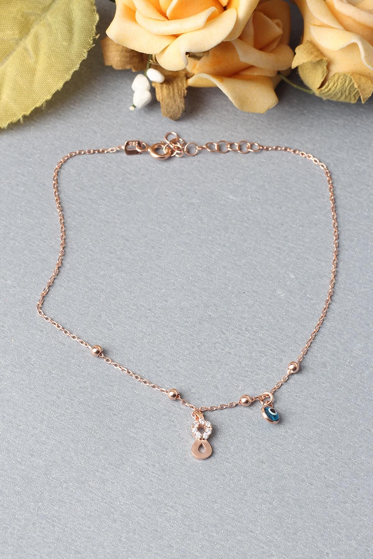 Halhal Kadın Sonsuzluk Nazar Boncuklu Zirkon Taşlı 925 Ayar Gümüş Halhal