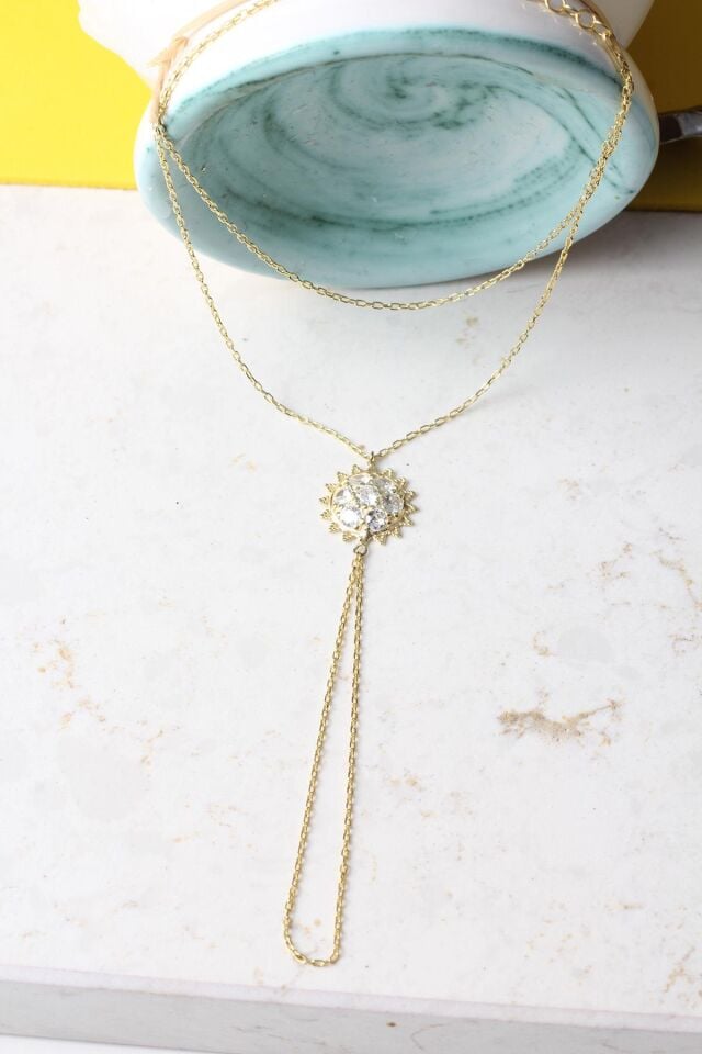 Şahmeran El Zinciri Yuvarlak Zirkon Taşlı Gold 925 Ayar Gümüş