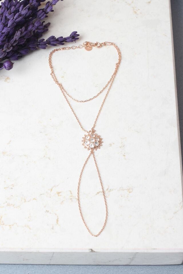 Şahmeran El Zinciri Yuvarlak Zirkon Taşlı Gold 925 Ayar Gümüş