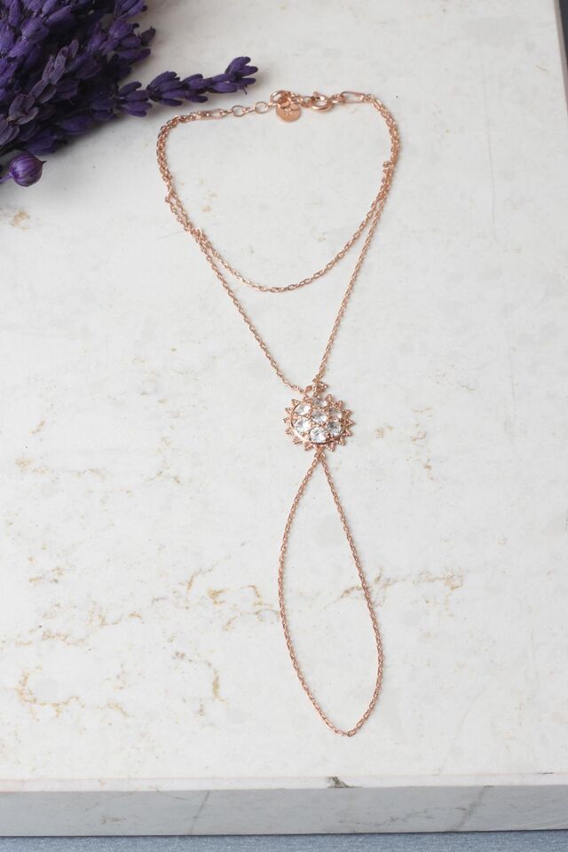 Şahmeran El Zinciri Yuvarlak Zirkon Taşlı Gold 925 Ayar Gümüş