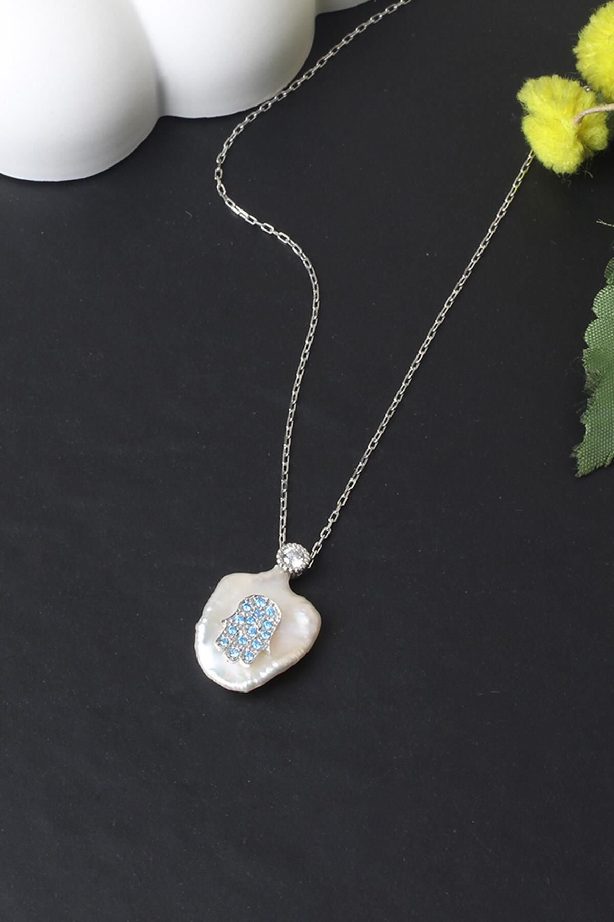 Fatma'nın Eli (Hamse Eli ) İnci Mavi Taş Zirkon Taşlı 925 Ayar Gümüş Kolye