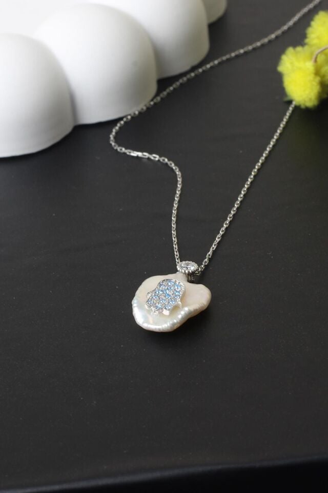 Fatma'nın Eli (Hamse Eli ) İnci Mavi Taş Zirkon Taşlı 925 Ayar Gümüş Kolye