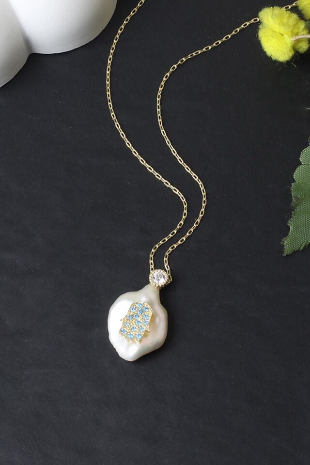 Fatma'nın Eli (Hamse Eli ) İnci Mavi Taş Zirkon Taşlı 925 Ayar Gümüş Kolye