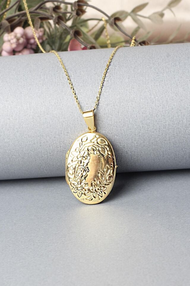 Resimlik Kolye Oval Madalyon Desenli Zincir 925 Ayar Gümüş Kolye