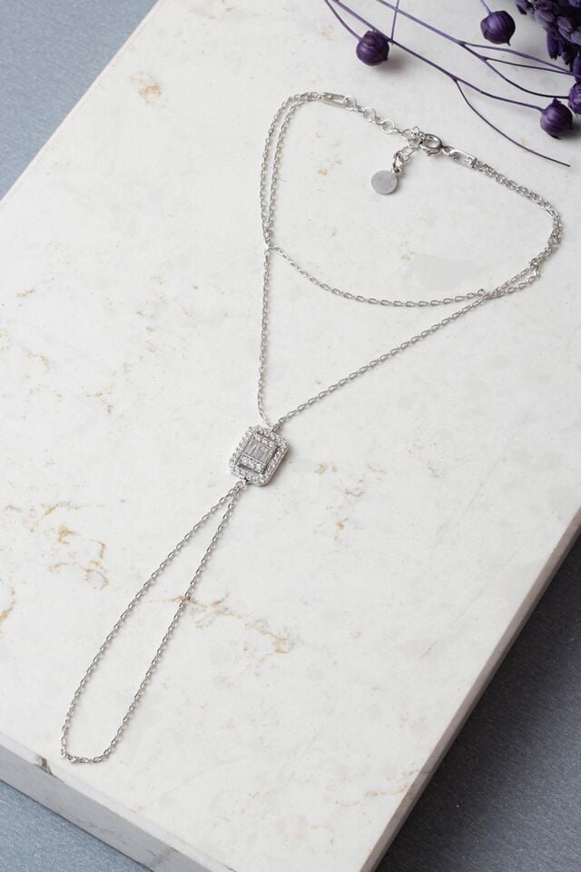 Şahmeran El Zinciri Kare Zirkon Taşlı 925 Ayar Gümüş