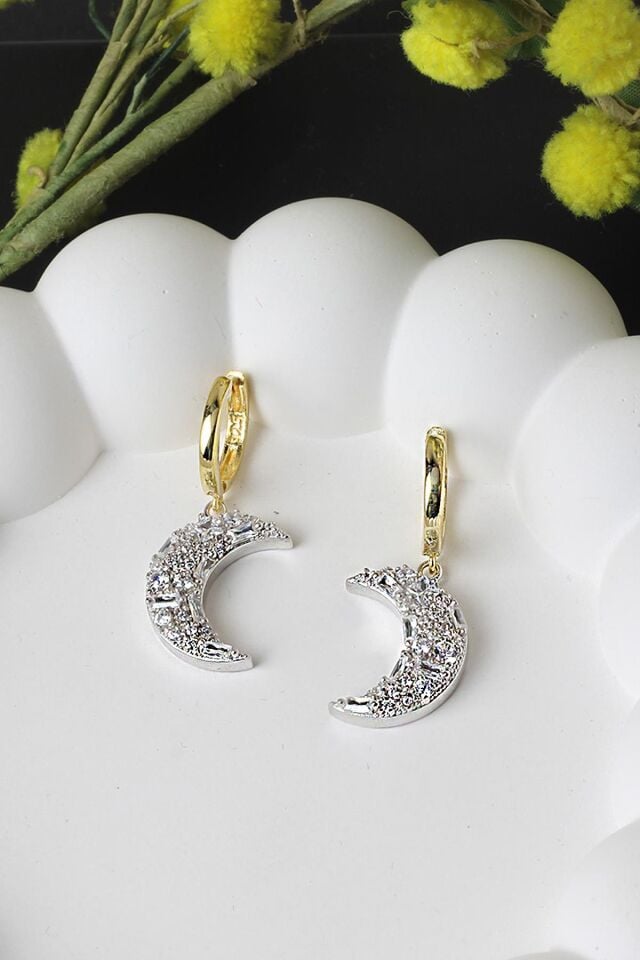 Ay Küpe Zirkon Baget Taşlı 925 Ayar Gümüş Küpe